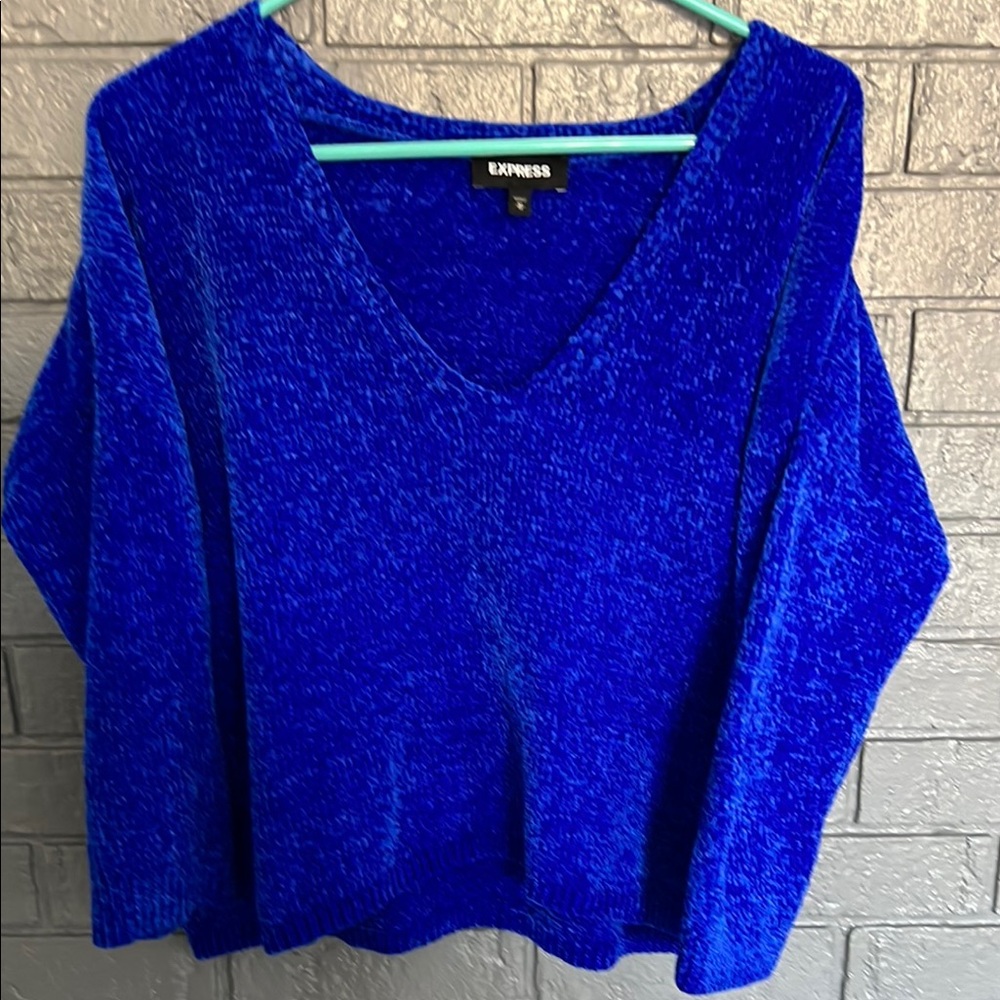 Express Blue V-Neck Sweater with Relaxed Fit and 3/4 Length Sleeves